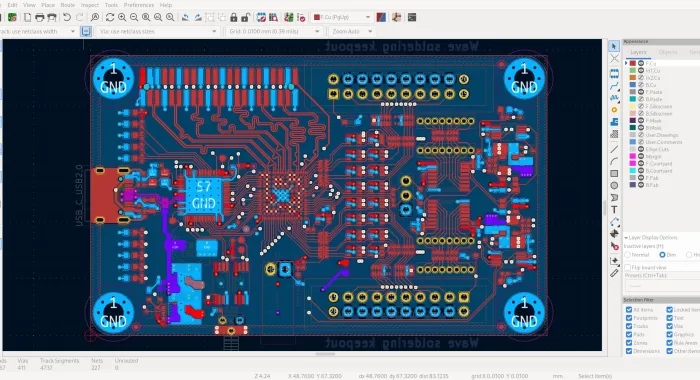 Circuit board editor view, electronic design automation, KiCad