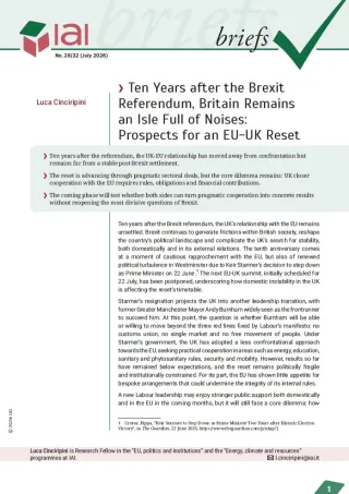Ten Years after the Brexit Referendum, Britain Remains an Isle Full of Noises: Prospects for an EU-UK Reset