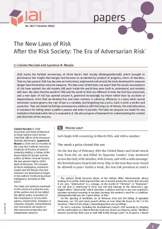 The New Laws of Risk. After the Risk Society: The Era of Adversarian Risk