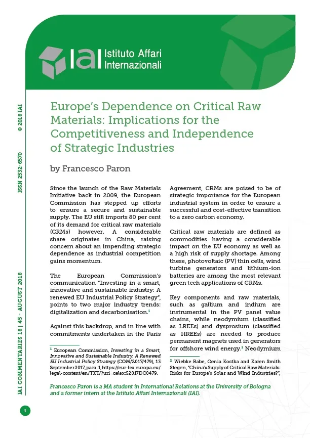 Europe's Dependence on Critical Raw Materials | Istituto Affari ...