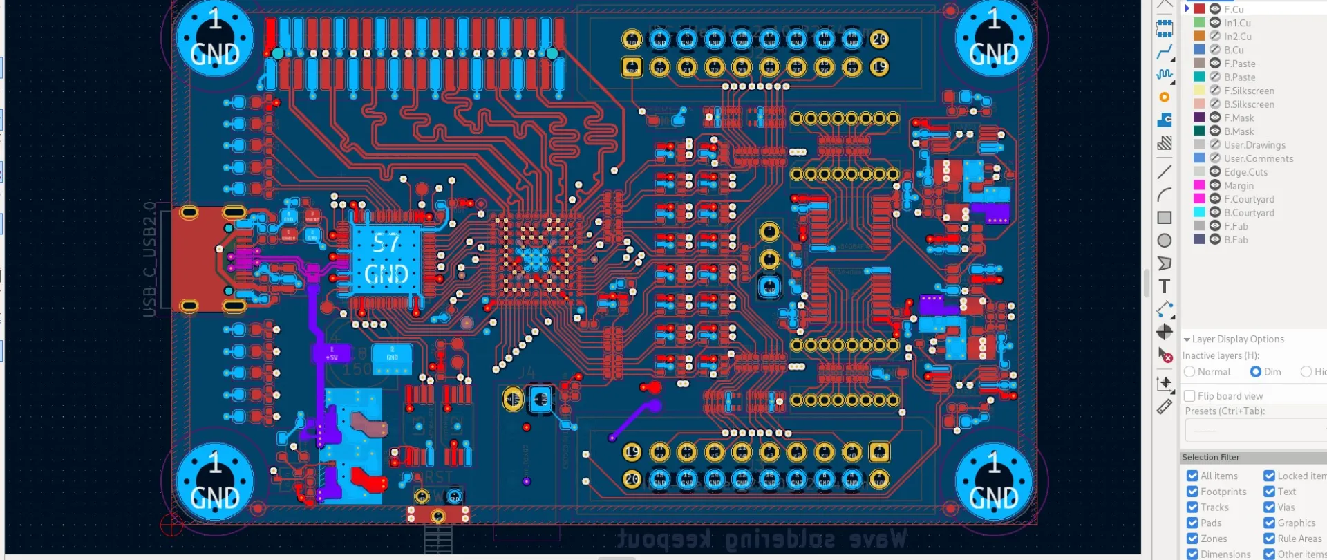 Circuit board editor view, electronic design automation, KiCad